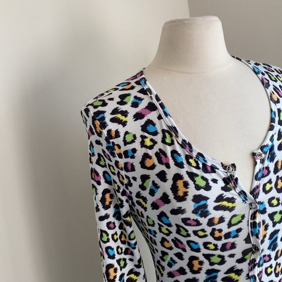 Leopard Print Sleep Romper Womens Sz Small White Multi Color Cozy Sleepwear - Picture 2 of 5